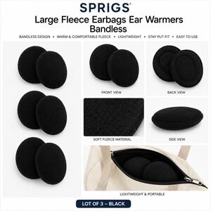 Sprigs Large Fleece Earbags Ear Warmers Bandless Black‎ Lot of 3 Pairs Mens NEW